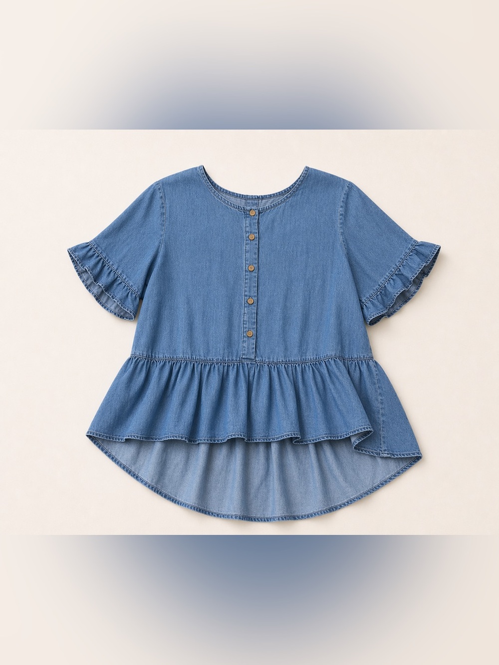Chambray Ruffle Peplum Top | High Low Hem | Soft Denim Blouse | Feminine Casual